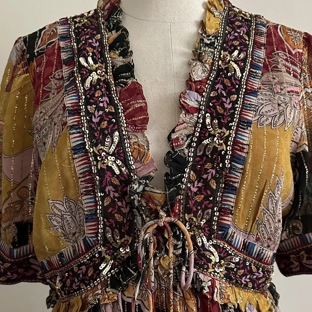 ANTHROPOLOGIE Beaded Sequin Shimmer Mini Dress Bohemian sz Medium - Picture 5 of 9